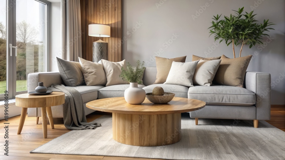 Elegant, modern living room features rustic round wood table adjacent to plush grey pillows on sleek sofa amidst neutral tones. Elegant, modern living room features rustic round wood table adjacent to plush grey pillows on sleek sofa amidst neutral tones.