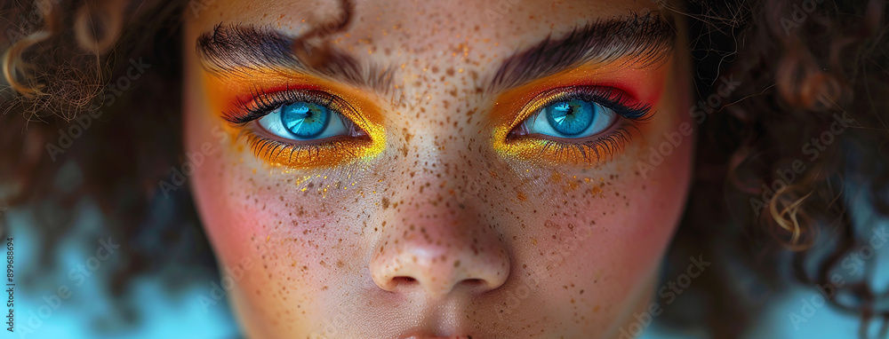 macro closeup photo of a Caucasian woman eyes with colorful shiny eyelashes macro closeup photo of a Caucasian woman eyes with colorful shiny eyelashes
