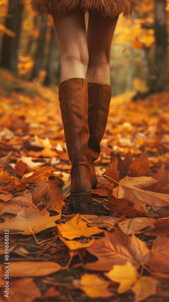 Woman wearing brown boots walking on fallen leaves in autumn forest. Woman wearing brown boots walking on fallen leaves in autumn forest.