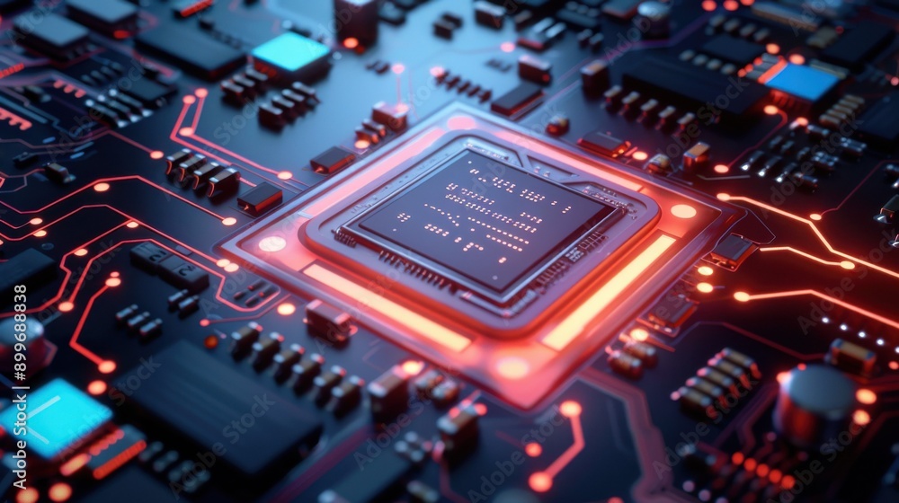 Close-up of a central processing unit on a circuit board with illuminated connections, showcasing the intricate electronic design and high-tech components.. Close-up of a central processing unit on a circuit board with illuminated connections, showcasing the intricate electronic design and high-tech components..