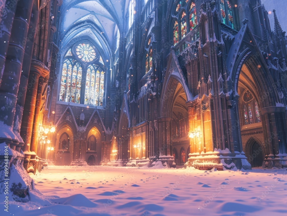 Snowy Cathedral Interior with Stained Glass Windows Snowy Cathedral Interior with Stained Glass Windows