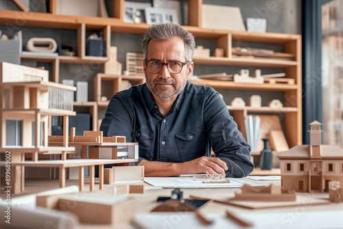 Portrait of an architect in a studio, at a table with drawings, models and a tablet, with modern architectural details in the background