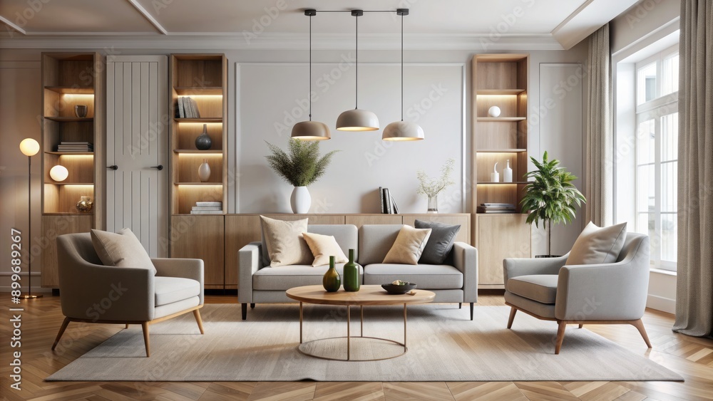 Elegant minimalist Scandinavian-inspired living room with plush chairs, sleek cabinets, and stylish lamps in a calmingneutral color palette. Elegant minimalist Scandinavian-inspired living room with plush chairs, sleek cabinets, and stylish lamps in a calmingneutral color palette.