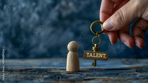 a wooden figurine with a keyhole, A hand holds a golden key labeled 