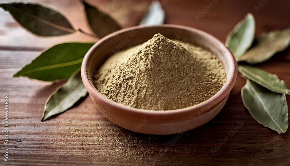 Bay leaf powder in small ceramic bowl on rustic wooden table. Natural spice. Bay leaf powder in small ceramic bowl on rustic wooden table. Natural spice.