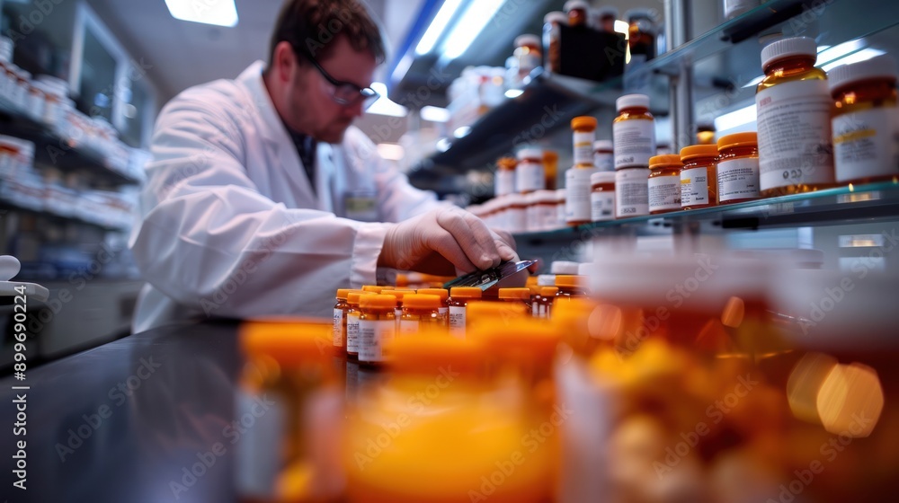 A pharmacist preparing medication, emphasizing the importance of proper dosage and pharmaceutical care A pharmacist preparing medication, emphasizing the importance of proper dosage and pharmaceutical care