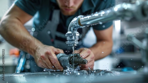 A plumber fixing a leaky pipe under a sink, emphasizing home repair and maintenance