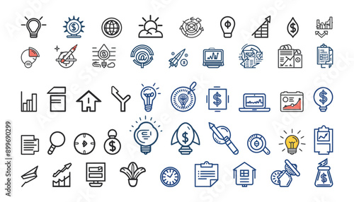 Startup pivoting icon collection set.Containing innovation, adaptability, iterate, disruption, Startups, Innovation, Planning, Funding, Customers, Market ,bifurcation, agile icon.Simple line vector.