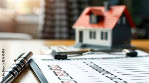 A checklist lies on a desk alongside a model house, signifying a thorough review process for home buying in a well-lit office photo