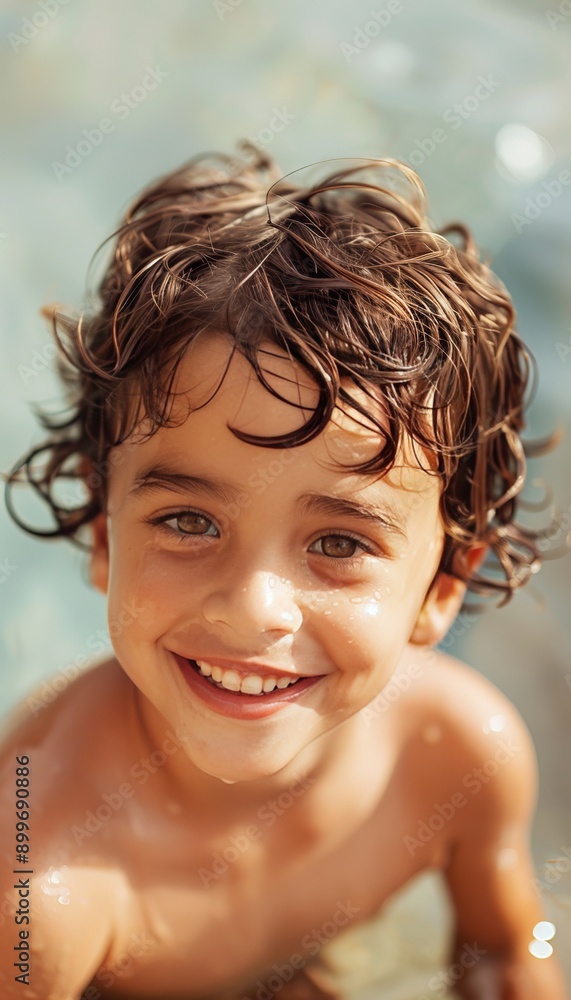 Joyful child closeup smiling by pool in vivid and lifelike photo, happy kid by swimming pool
