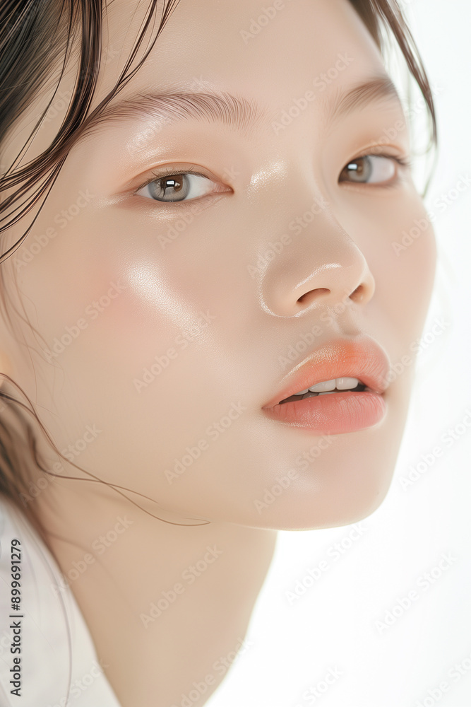 Obraz premium Portrait of a Young Woman with Clear Skin and Elegant Makeup, Featuring Natural and Subtle Beauty