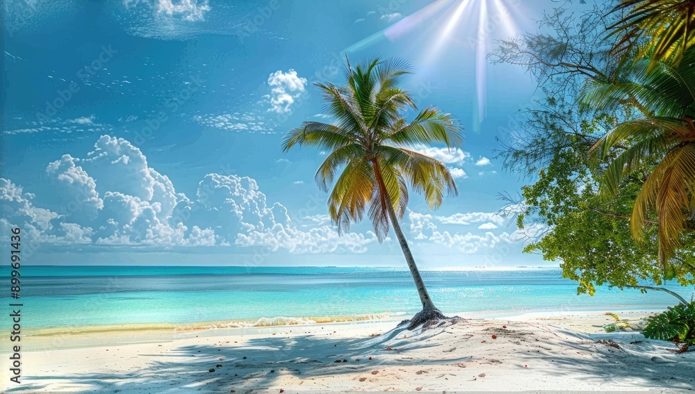 Obraz premium Tropical Beach with Leaning Palm Tree