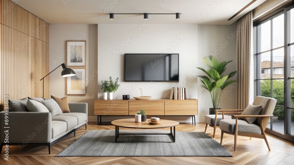 Minimally decorated Scandinavian living room features a sleek black frame mounted above a wooden cabinet and modern neutral tones. Minimally decorated Scandinavian living room features a sleek black frame mounted above a wooden cabinet and modern neutral tones.