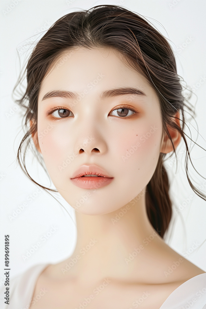 Portrait of a Young Woman with Clear Skin and Elegant Makeup, Featuring Natural and Subtle Beauty Portrait of a Young Woman with Clear Skin and Elegant Makeup, Featuring Natural and Subtle Beauty