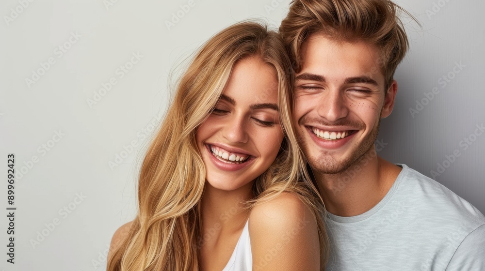 Happy young couple smiling and enjoying each other's company with a soft background, showcasing natural beauty and joyful expressions. Happy young couple smiling and enjoying each other's company with a soft background, showcasing natural beauty and joyful expressions.