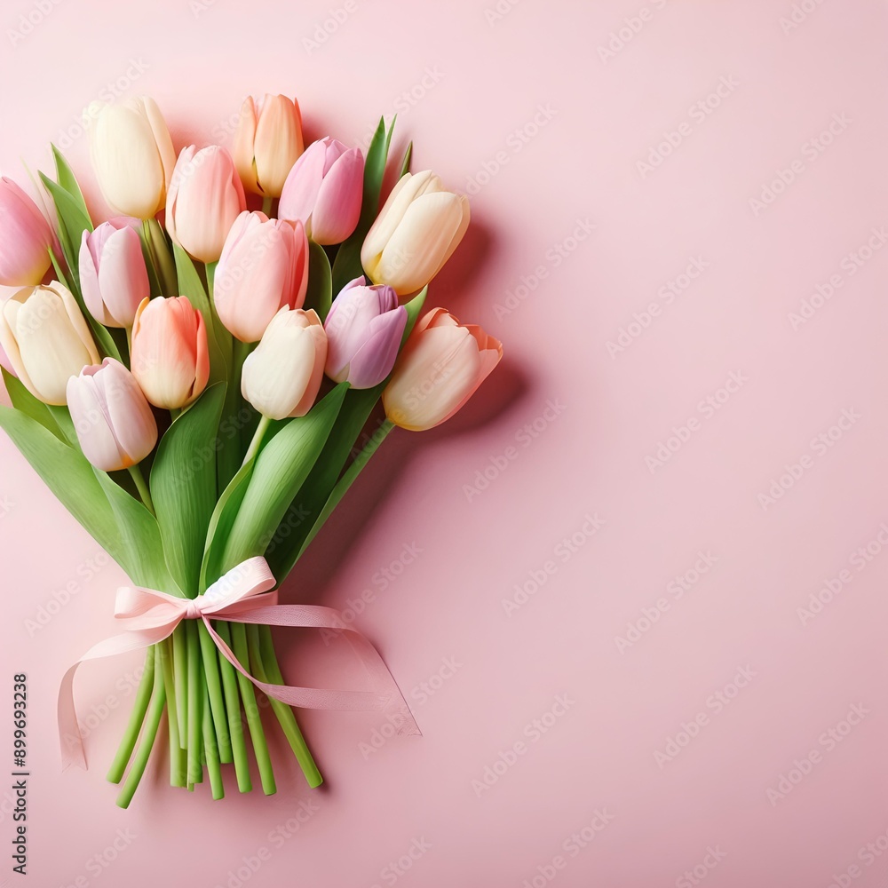 Fototapeta premium Pastel-colored tulip bouquet on pink backdrop for springsummer holidays.