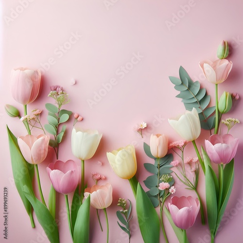 Pastel-colored tulip bouquet on pink backdrop for springsummer holidays. photo