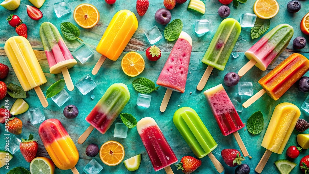 Colorful summer popsicles and ice cream in a vibrant flatlay scene, summer, popsicles, ice cream, colorful, fruity flavors Colorful summer popsicles and ice cream in a vibrant flatlay scene, summer, popsicles, ice cream, colorful, fruity flavors