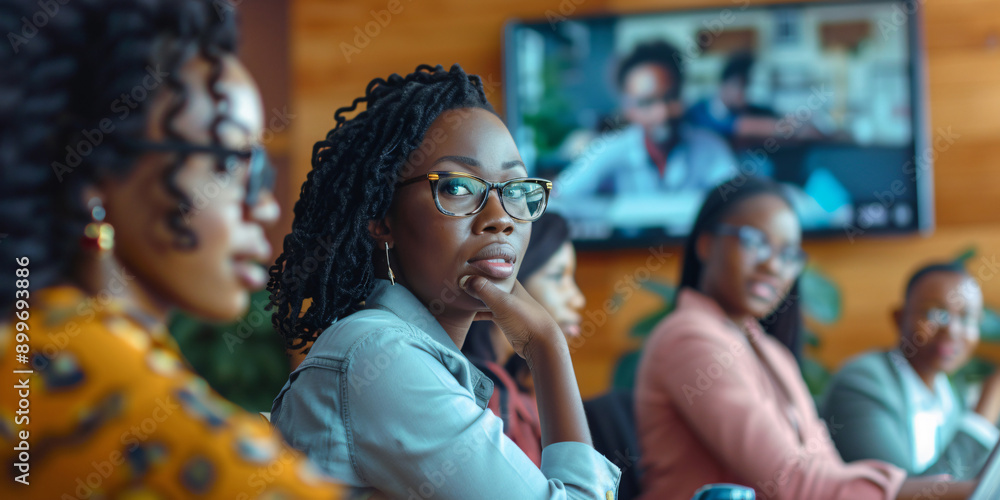 A group of diverse african business professionals attending a meeting, showing attentiveness and engagement during a presentation or discussion. A group of diverse african business professionals attending a meeting, showing attentiveness and engagement during a presentation or discussion.