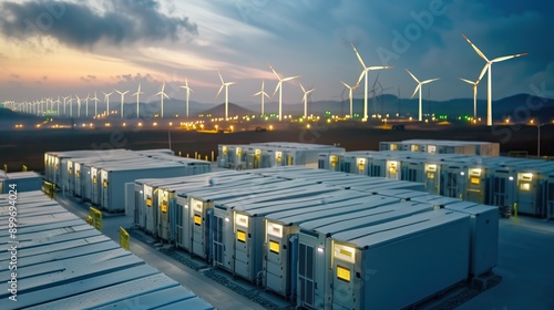  New Energy concept image.modern battery energy storage system with wind turbines and solar panel power plants in background at sunset.