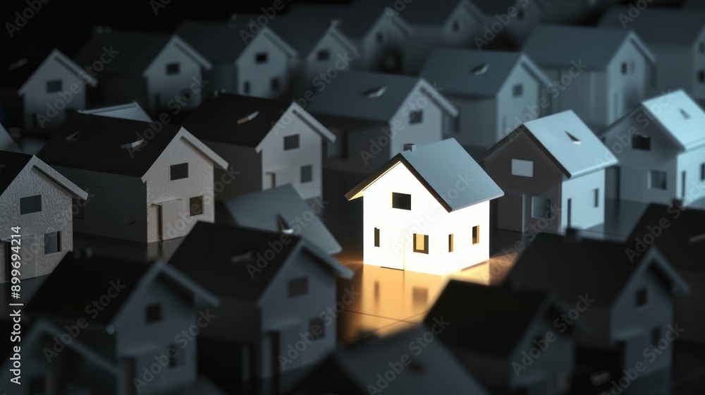 White house glowing in the dark surrounded by grey houses highlighting real estate investment potential, night scene, property investment