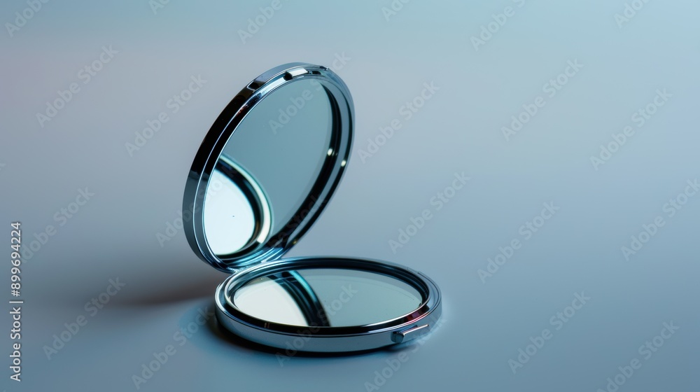 Minimalist and glamorous round pocket mirror on smooth blue surface, radiating beauty and style for personal grooming and boosting confidence Minimalist and glamorous round pocket mirror on smooth blue surface, radiating beauty and style for personal grooming and boosting confidence
