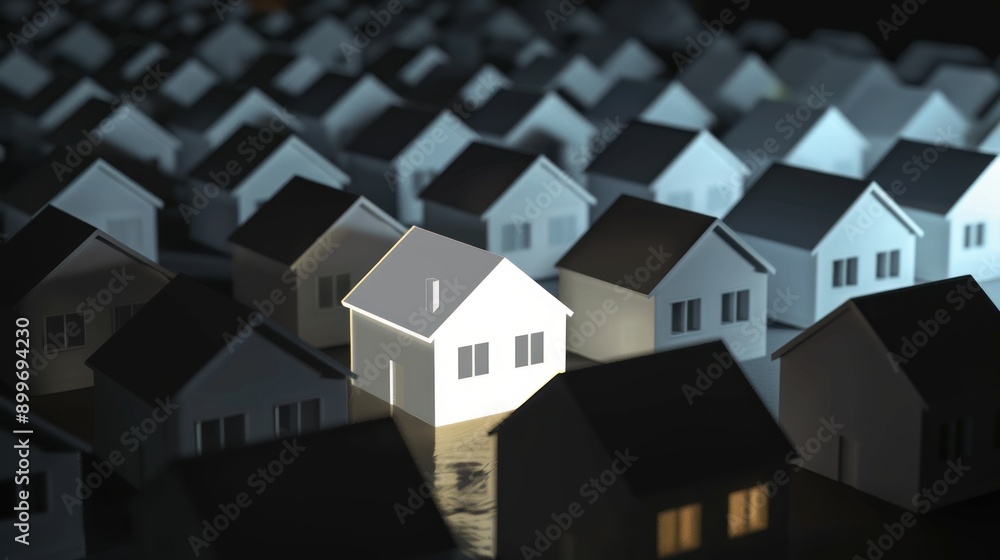 A white house glowing in the dark around grey houses showcasing real estate investment, illuminated property, housing market A white house glowing in the dark around grey houses showcasing real estate investment, illuminated property, housing market