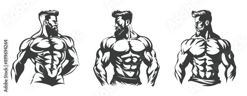 collection Illustration of Muscular Men Isolated on White ,generative ai