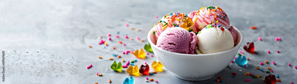 Colorful and Playful Ice Cream Bowl with Gummy Bears and Sprinkles Festive Dessert Concept Colorful and Playful Ice Cream Bowl with Gummy Bears and Sprinkles Festive Dessert Concept
