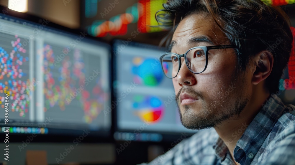 A data analyst using dual monitors to compare and contrast datasets, showcasing efficiency in data analysis A data analyst using dual monitors to compare and contrast datasets, showcasing efficiency in data analysis