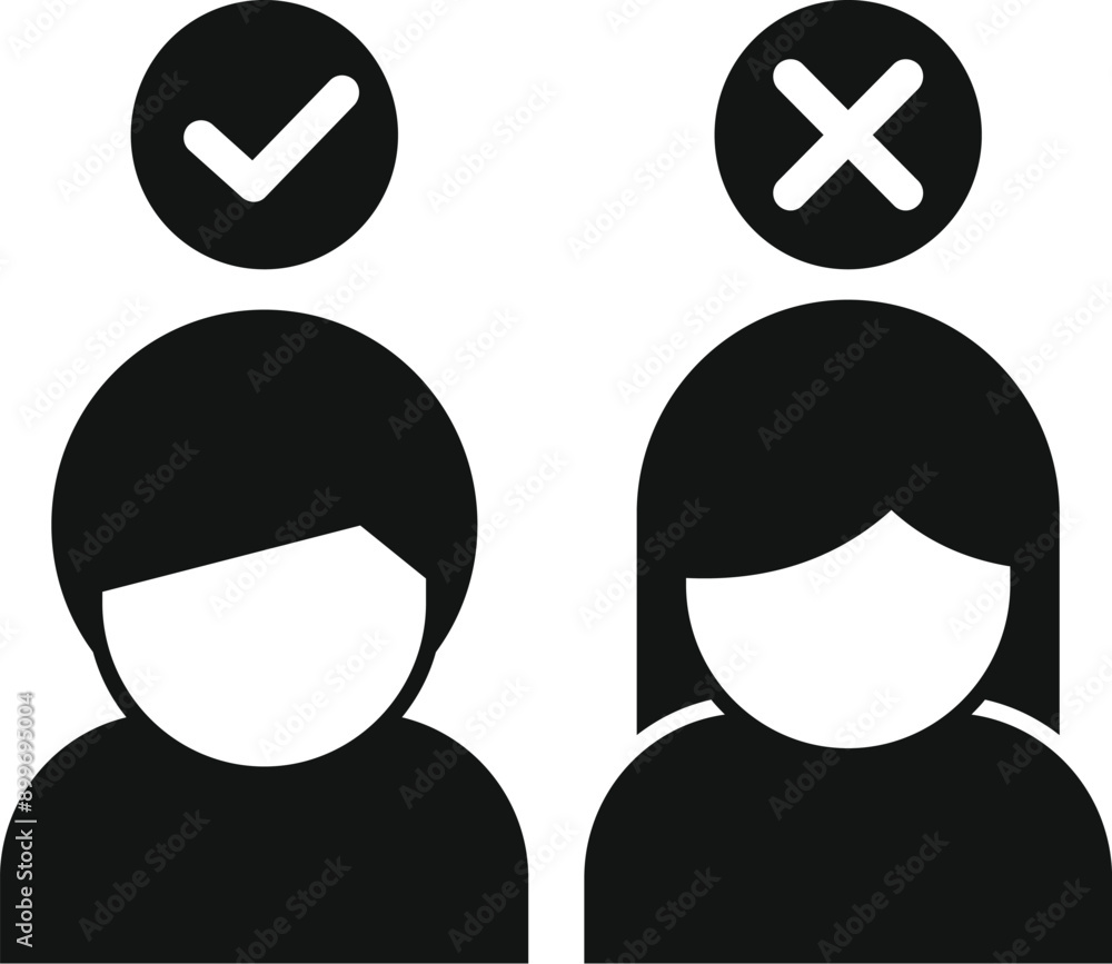 Simple black and white icon of a man and woman with a check mark and cross mark above their heads Simple black and white icon of a man and woman with a check mark and cross mark above their heads