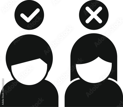 Simple black and white icon of a man and woman with a check mark and cross mark above their heads