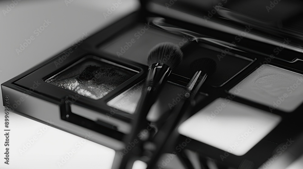 Black and white professional makeup palette with cosmetic brushes in action Black and white professional makeup palette with cosmetic brushes in action