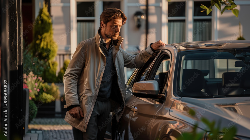 Man getting into parked car leaving work on way home, work-life balance Man getting into parked car leaving work on way home, work-life balance