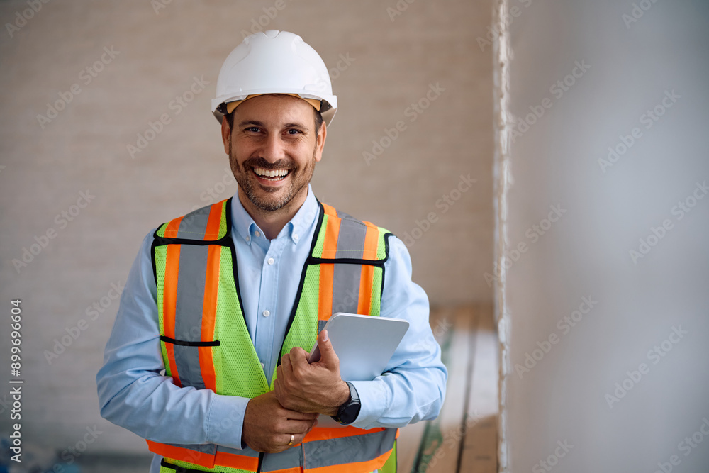 Fototapeta premium Happy building contractor with touchpad at construction site looking at camera.