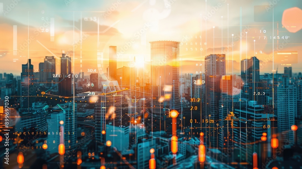 Double exposure of a city skyline and financial graphs, representing urban investments and economic growth. Double exposure of a city skyline and financial graphs, representing urban investments and economic growth.