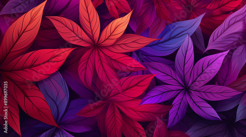 Colorful Gradient Leaves Pattern Featuring Red And Purple Leaves With Detailed Veins Overlapping In A Lush Arrangement