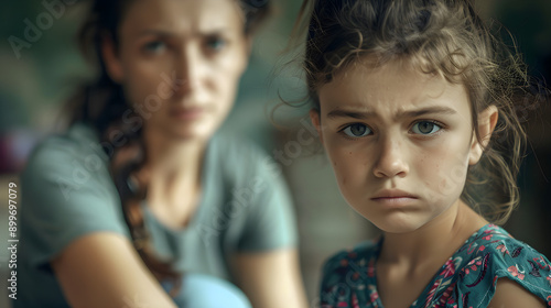 a stern-looking mother and her visibly upset daughter photo