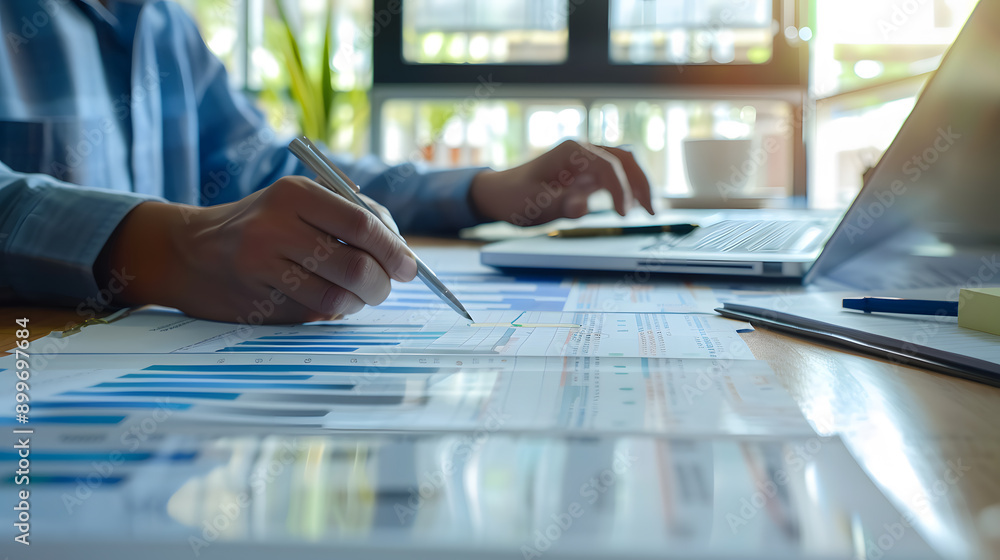 Person working on financial charts and graphs at a desk. Person working on financial charts and graphs at a desk.