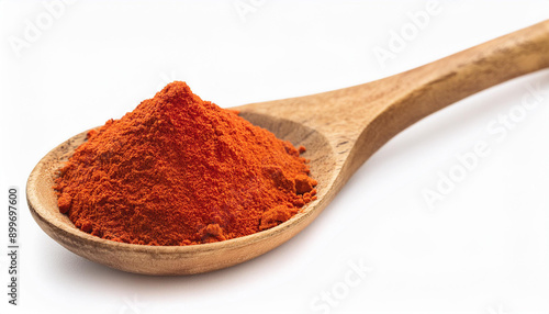 Vibrant paprika or chili powder in rustic wooden spoon on white background. Natural spice. Close-up.