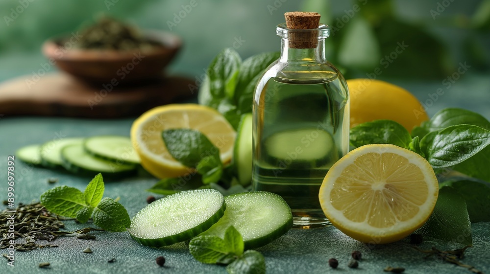 Green tea, cucumber, lemon juice, toner ingredients, still life, skin care conceptual Green tea, cucumber, lemon juice, toner ingredients, still life, skin care conceptual