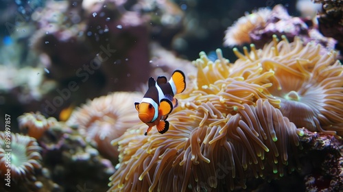 An underwater shot of a reef tank with clownfish swimming among anemones.