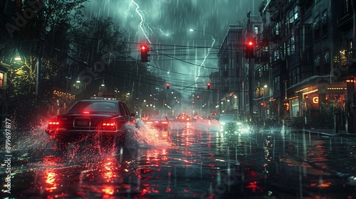 Cars Navigating a Stormy City Street at Night