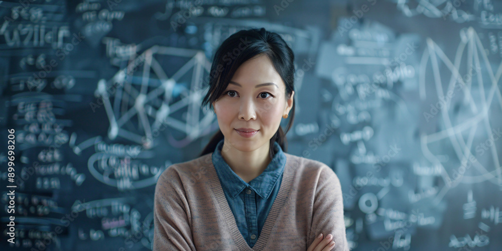 A portrait of a confident asian young woman standing in front of a chalkboard covered in notes and diagrams. A portrait of a confident asian young woman standing in front of a chalkboard covered in notes and diagrams.