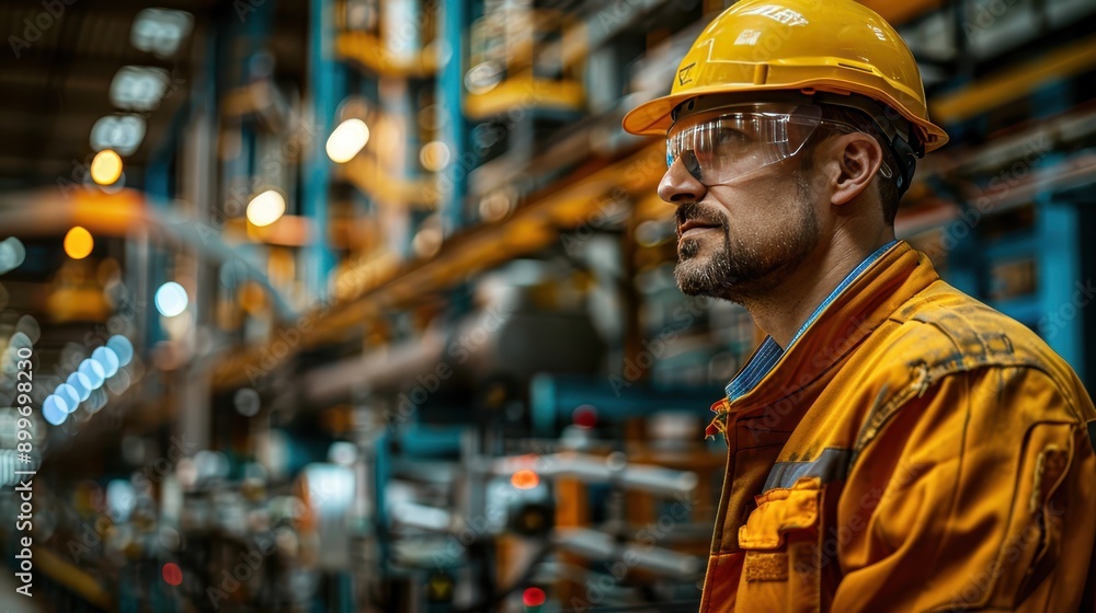 Professional Engineer Inspecting Manufacturing Plant Production Line with Machinery and Products in Background Professional Engineer Inspecting Manufacturing Plant Production Line with Machinery and Products in Background