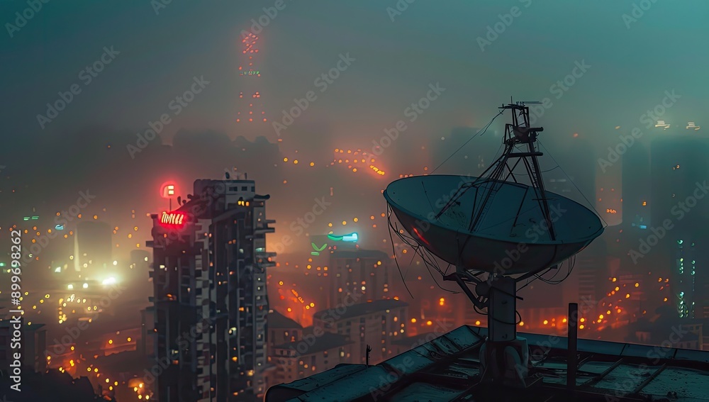 Satellite Dish on Rooftop at Night Satellite Dish on Rooftop at Night