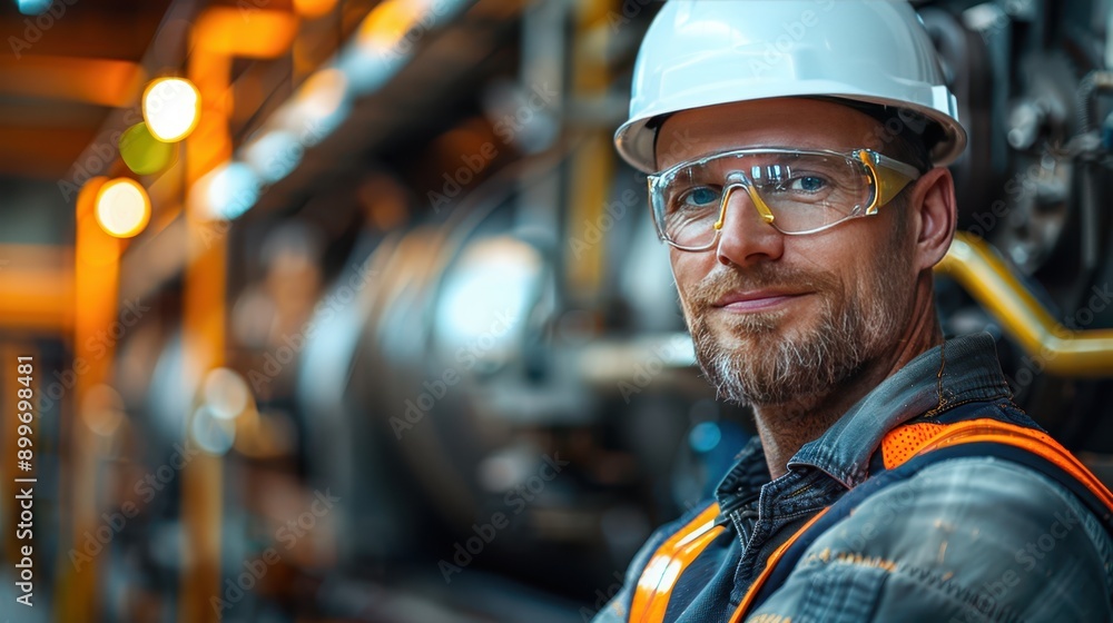 Confident Engineer in Hardhat and Safety Glasses Standing in Front of Large Industrial Machine Confident Engineer in Hardhat and Safety Glasses Standing in Front of Large Industrial Machine