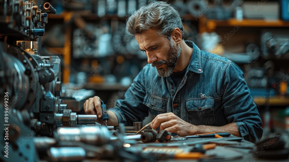 Skilled Mechanical Engineer Repairing Machinery in Workshop with Tools Spread Around Skilled Mechanical Engineer Repairing Machinery in Workshop with Tools Spread Around
