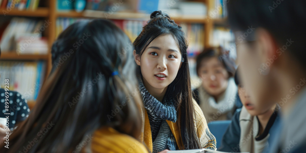 A group of asian young students are having a discussion in a library, focused on one female student talking A group of asian young students are having a discussion in a library, focused on one female student talking
