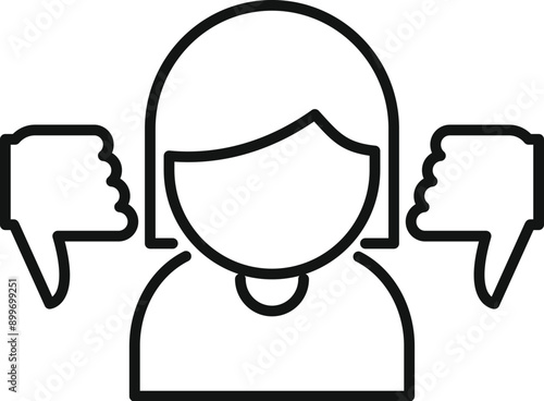 Simple icon of a woman with two thumbs down icons on each side, representing negative feedback or disapproval